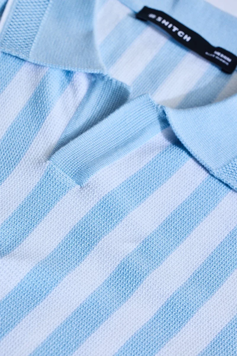 SNITCH Light Blue Stripes Polo Slim Fit T-Shirt